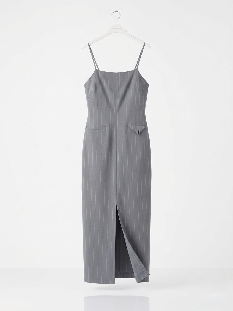 The Pinstripe Midi Column Dress- Heather Grey