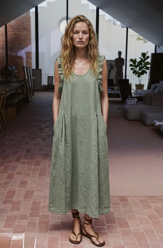 The Aria Ruffle Back-Tie Midi- Sage Green