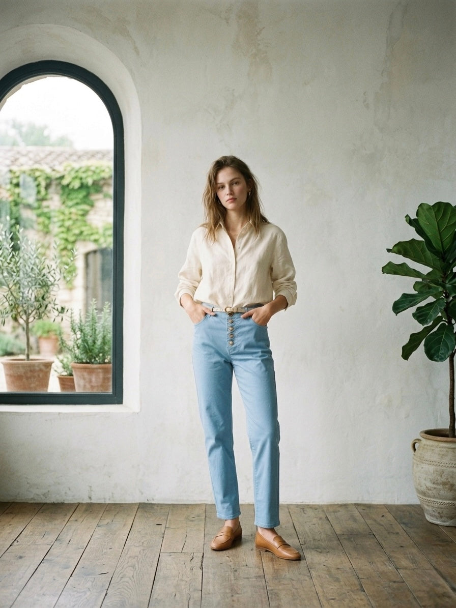 High-waisted, straight-leg twill pants- Periwinkle