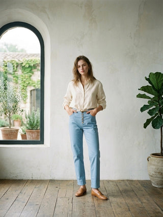 High-waisted, straight-leg twill pants- Periwinkle