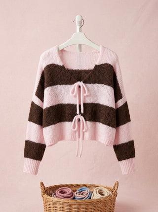 Pink & Chocolate Striped Tie-Front Cardigan