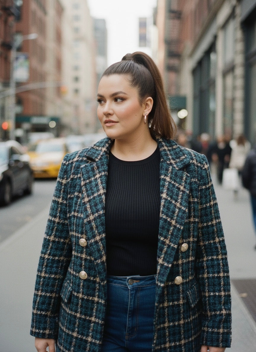 The "Milano" Textured Tweed Double-Breasted Blazer- Teal