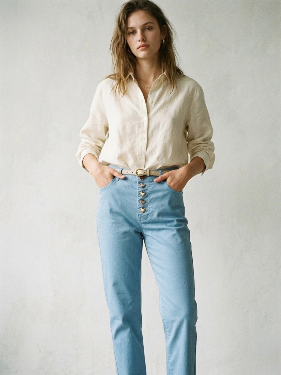 High-waisted, straight-leg twill pants- Periwinkle