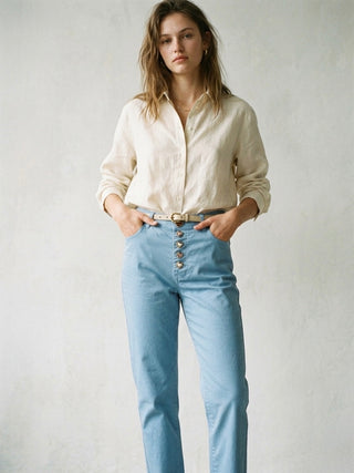 High-waisted, straight-leg twill pants- Periwinkle