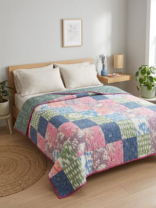 Artisan Reversible Queen Size Cotton Quilt – Midnight Paisley & Pastel Patchwork