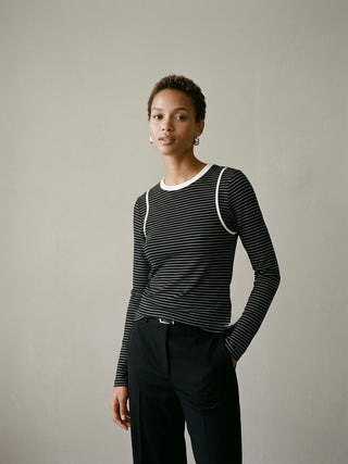 Striped Illusion Long Sleeve Tee-  Black