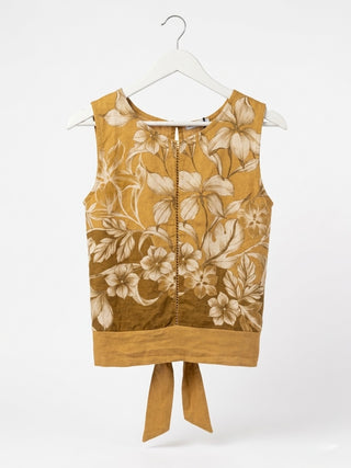 Sunburst Floral-Print Tie-Back Linen Top- Mustard