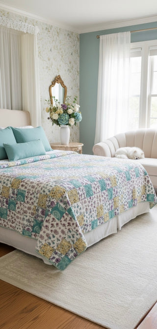 Vintage Floral Patchwork & Botanical Print: Reversible Cotton Queen Size Quilt