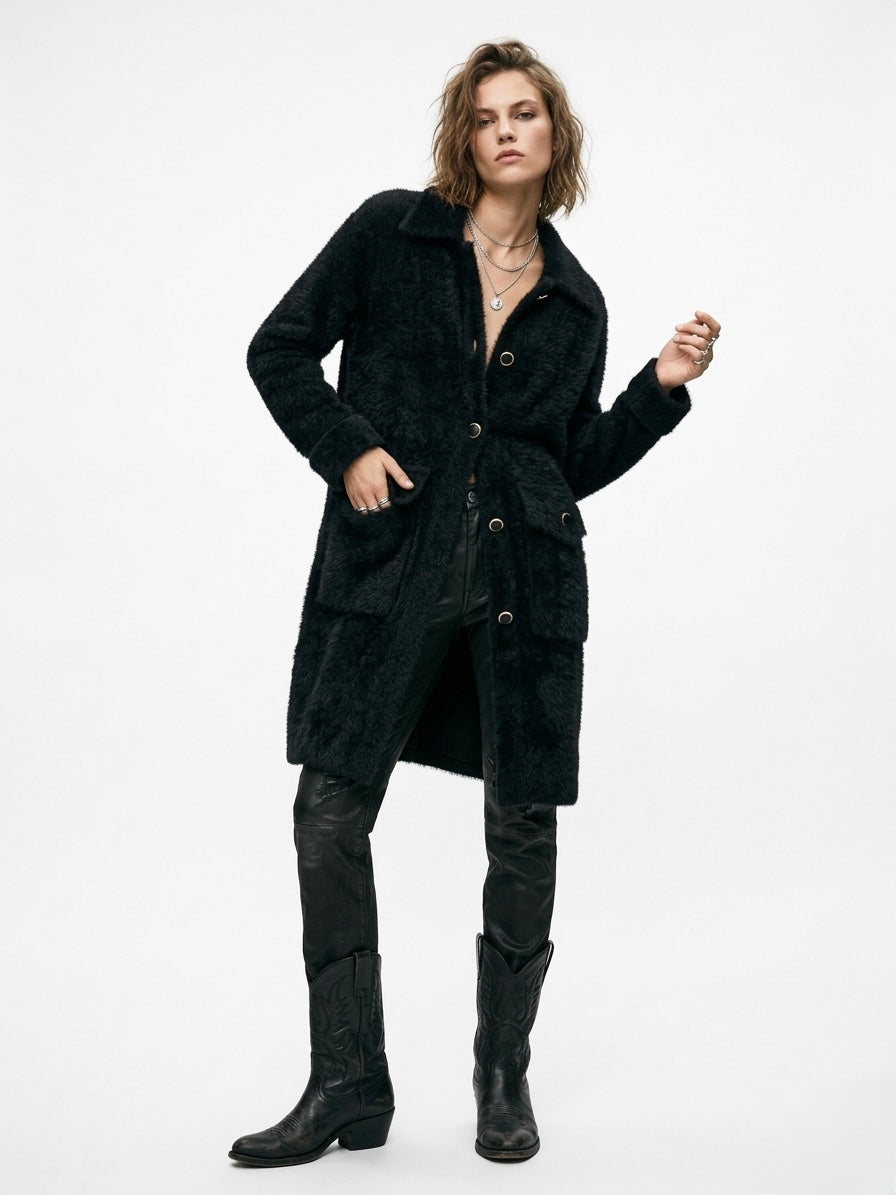 Plush Pocket Coat with Gold-Trim Buttons