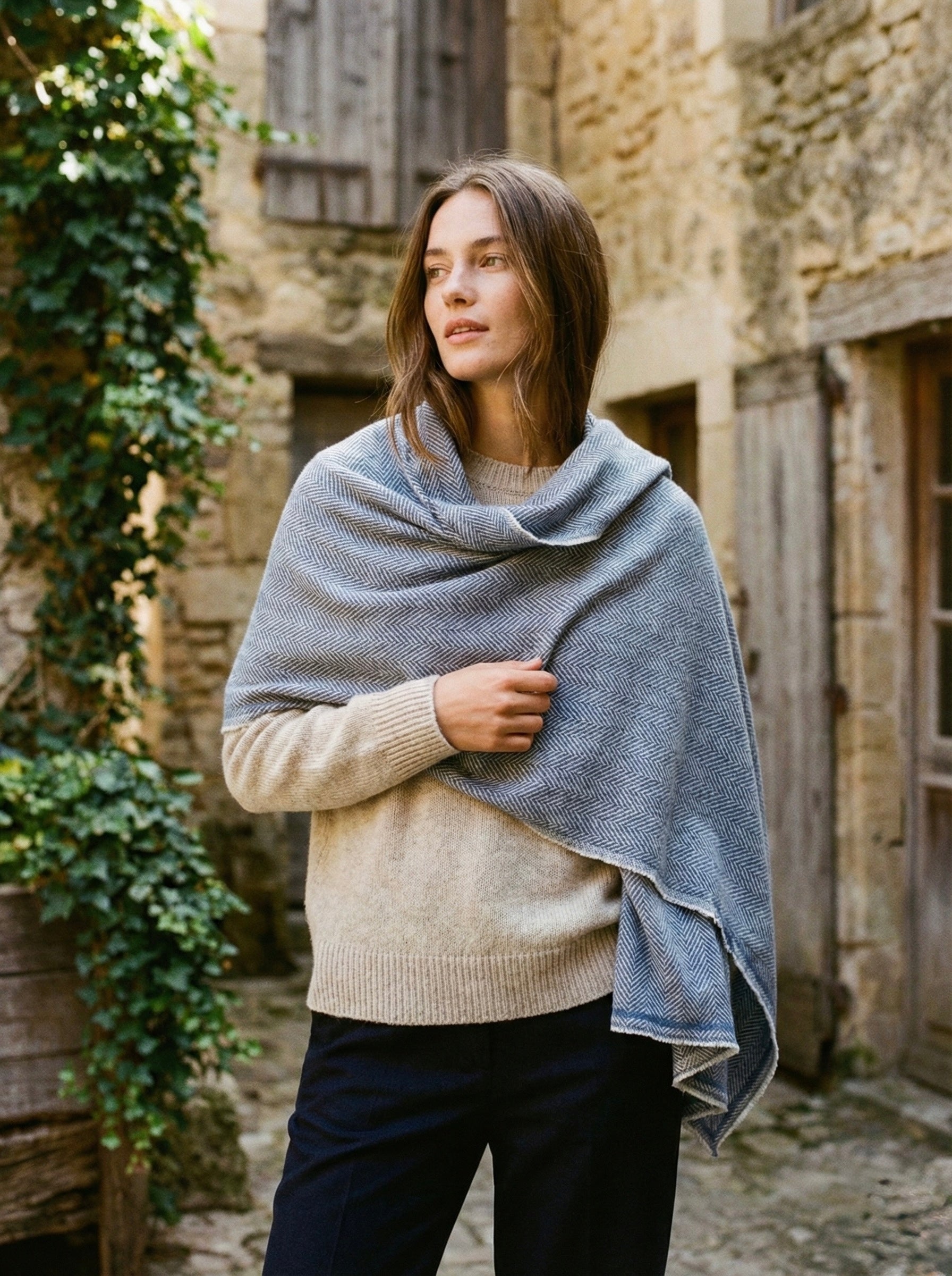 The Denim Herringbone Wool-Blend Scarf