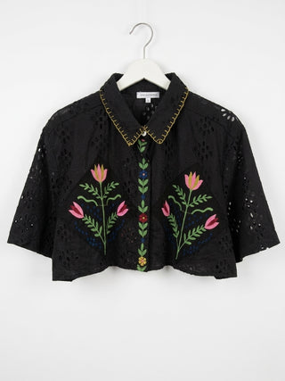 Floral Eyelet Embroidered Cropped Shirt- Artisanal Onyx Floral