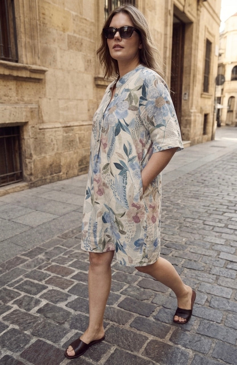 PRINTED LINEN TUNIC DRESS