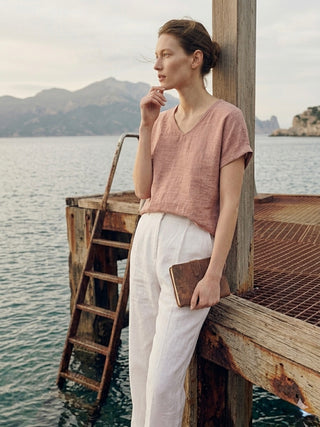 Positano Linen-Blend V-Top- Faded Copper