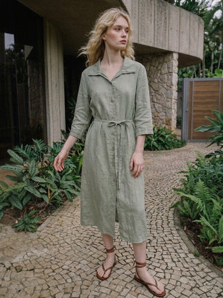 LINEN MIDI SHIRT DRESS-MUTED SAGE GREEN