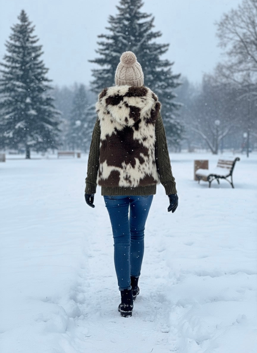 Faux Fur Cow Print Hooded Vest