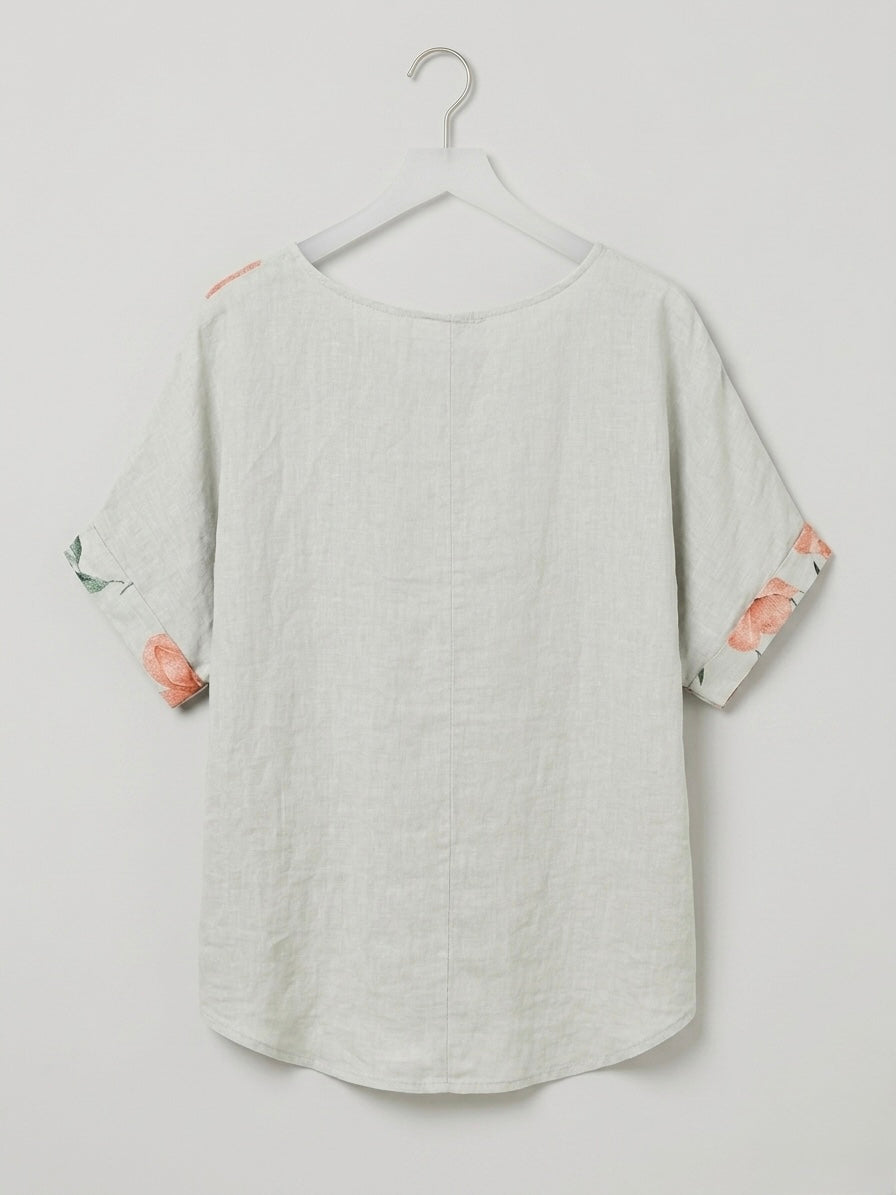 PRINTED LINEN BLOUSE WITH BUCKLE DETAIL- OATMEAL