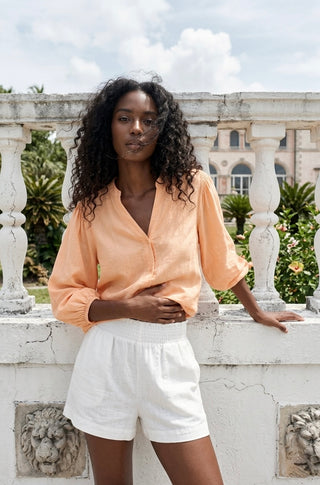 Aria Linen-Blend Balloon Sleeve Blouse