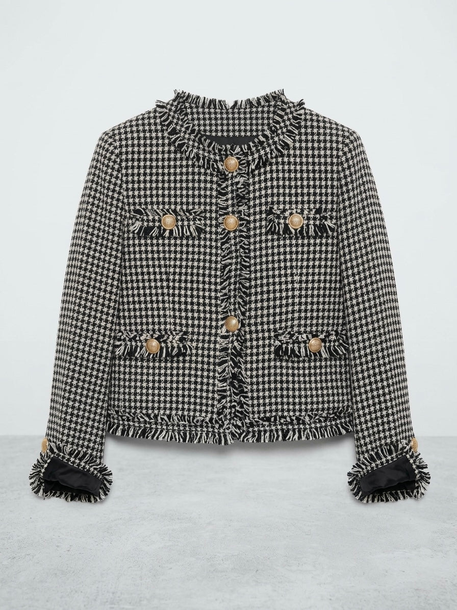 Vintage-Inspired Houndstooth Tweed Lady Jacket