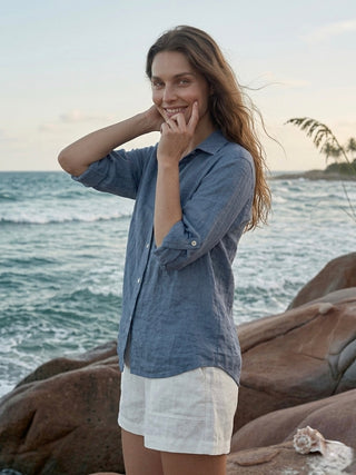Oversized Button Down Linen Shirt-Slate Blue