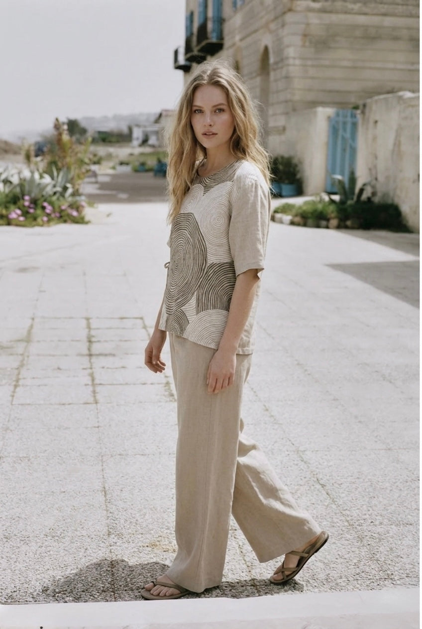 SWIRL PRINT ITALIAN LINEN BLOUSE WITH SIDE TIE- NATURAL