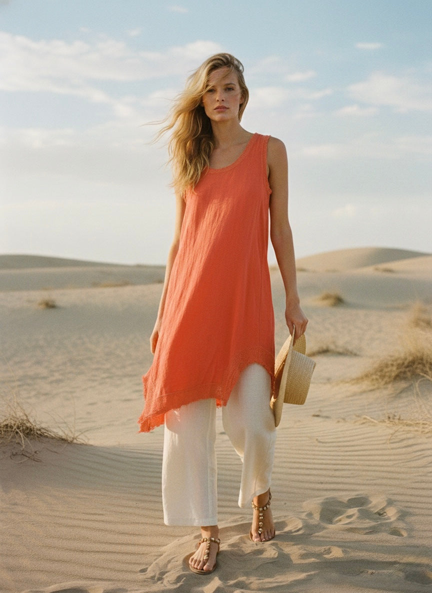 Sunset Coral Linen Tunic Dress