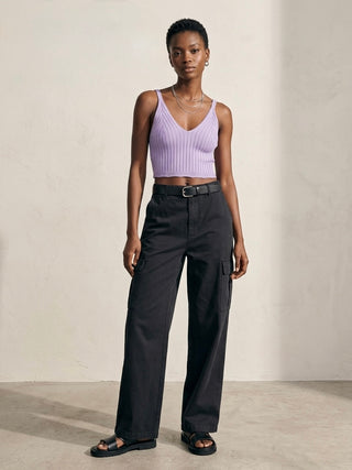 V-Neck Ribbed Scallop-Hem Crop Top- Wisteria