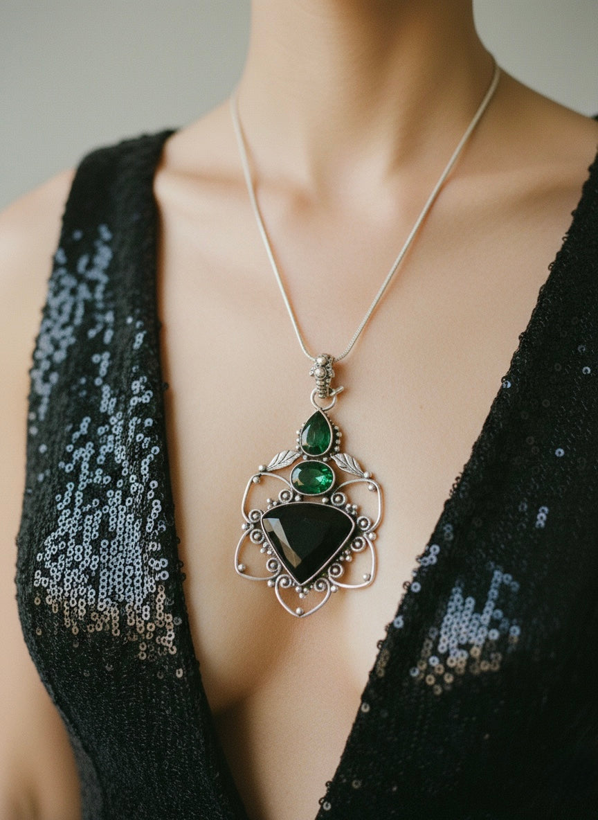 Emerald & Onyx Empress Sterling Silver Pendant