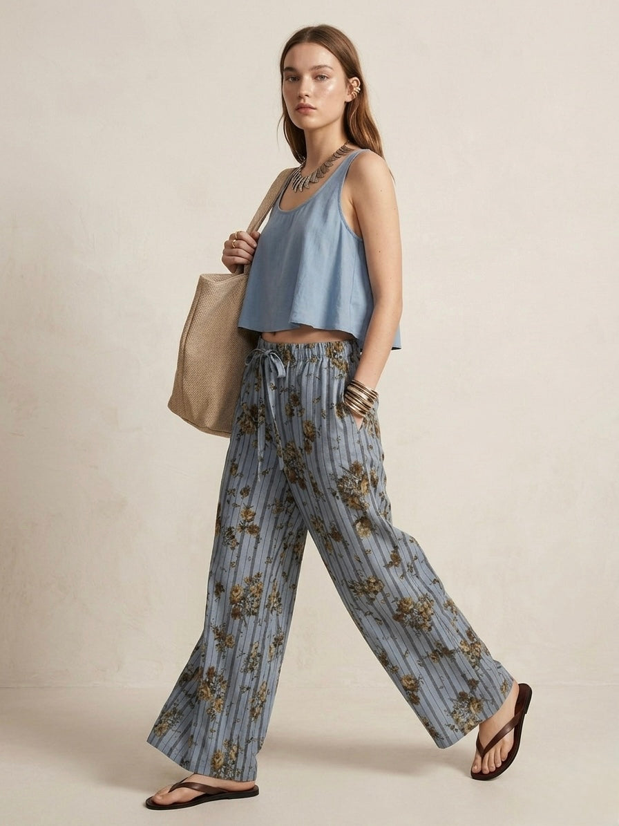 L’ESTATE PRINTED LINEN PANTS- CLOUD BLUE
