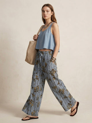 L’ESTATE PRINTED LINEN PANTS- CLOUD BLUE
