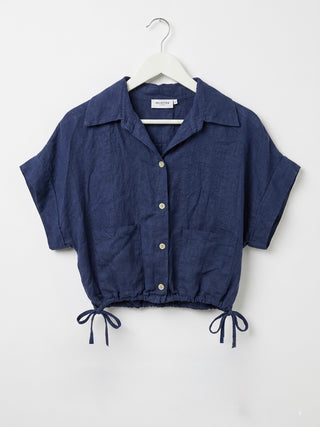 The Breezy Linen Drawstring Top- Navy