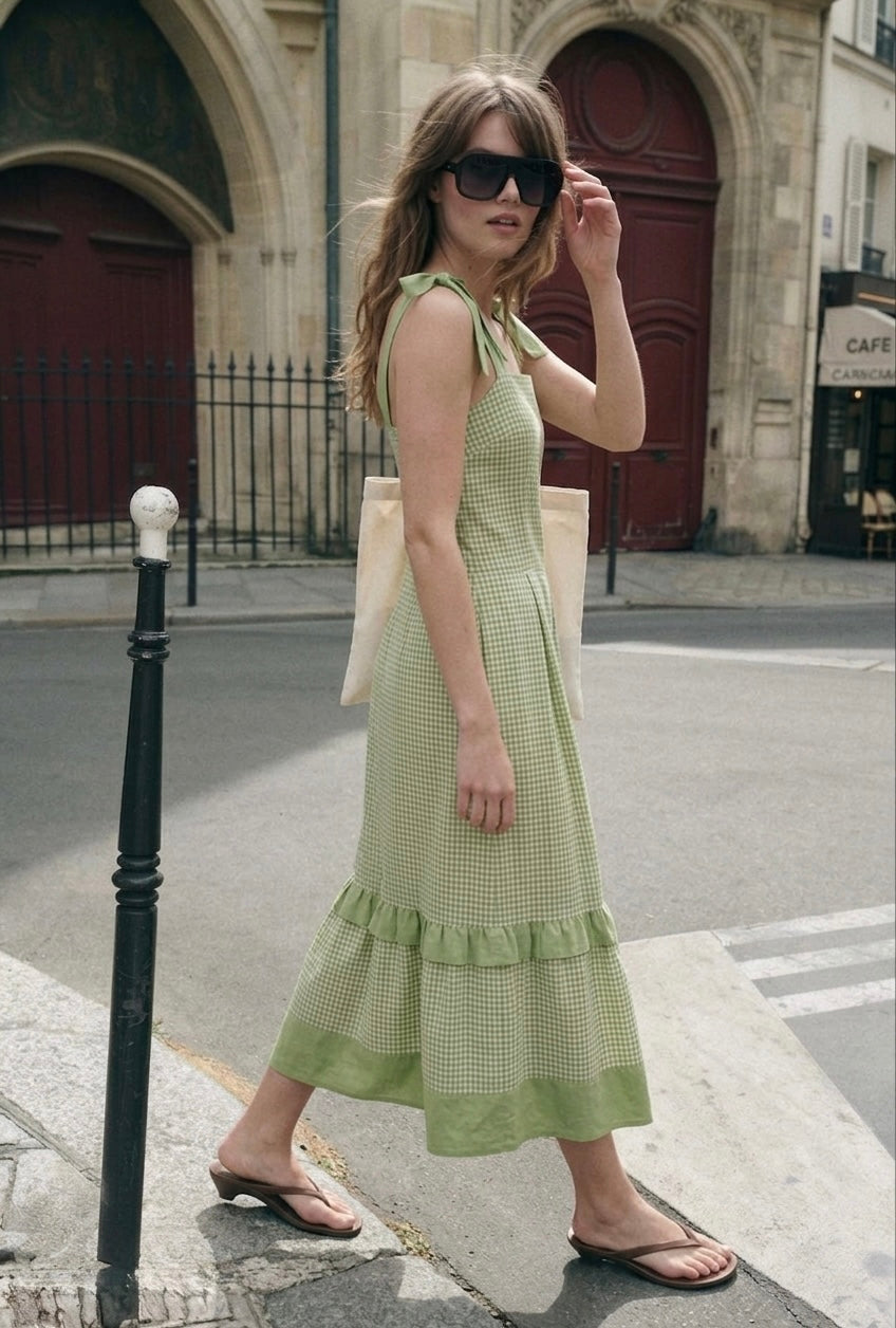 Sage Gingham Tie-Strap Midi Dress