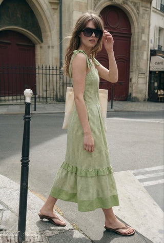 Sage Gingham Tie-Strap Midi Dress