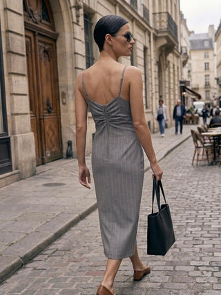 The Pinstripe Midi Column Dress- Heather Grey