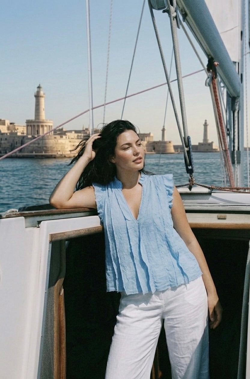 Capri Ruffle Top - Sky Blue