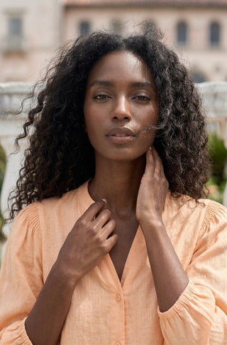 Aria Linen-Blend Balloon Sleeve Blouse