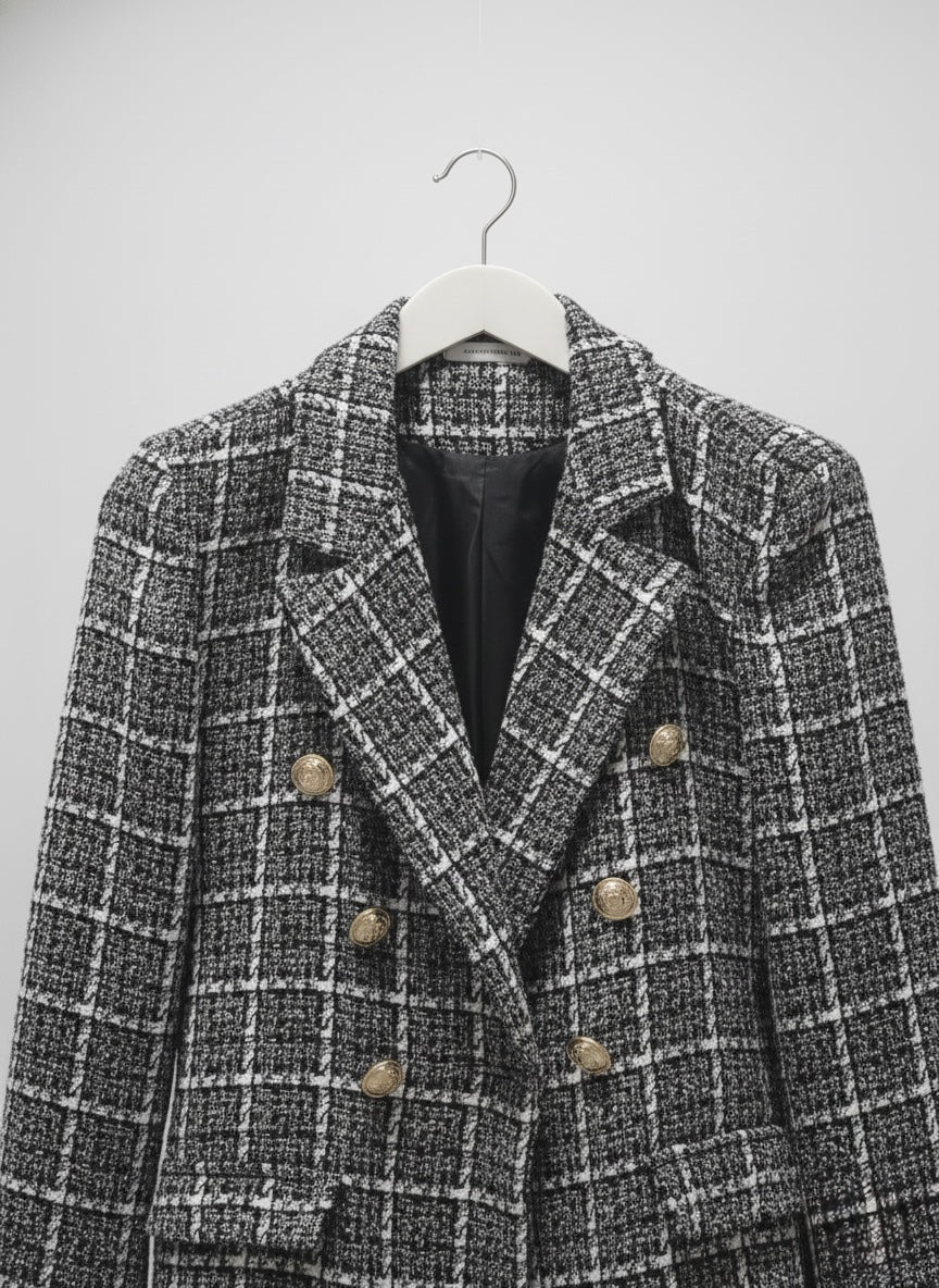 The "Milano" Textured Tweed Double-Breasted Blazer- Black