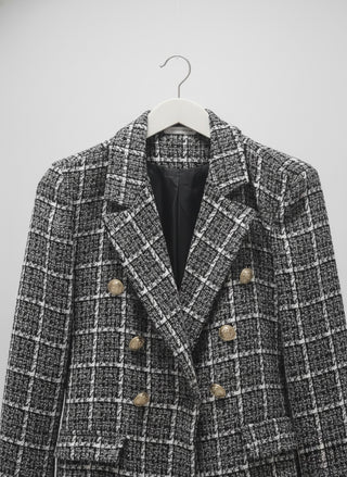 The "Milano" Textured Tweed Double-Breasted Blazer- Black