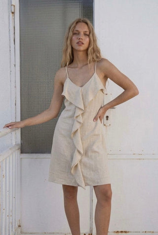 Shimmer Ruffle Mini Dress- Pearl Sand