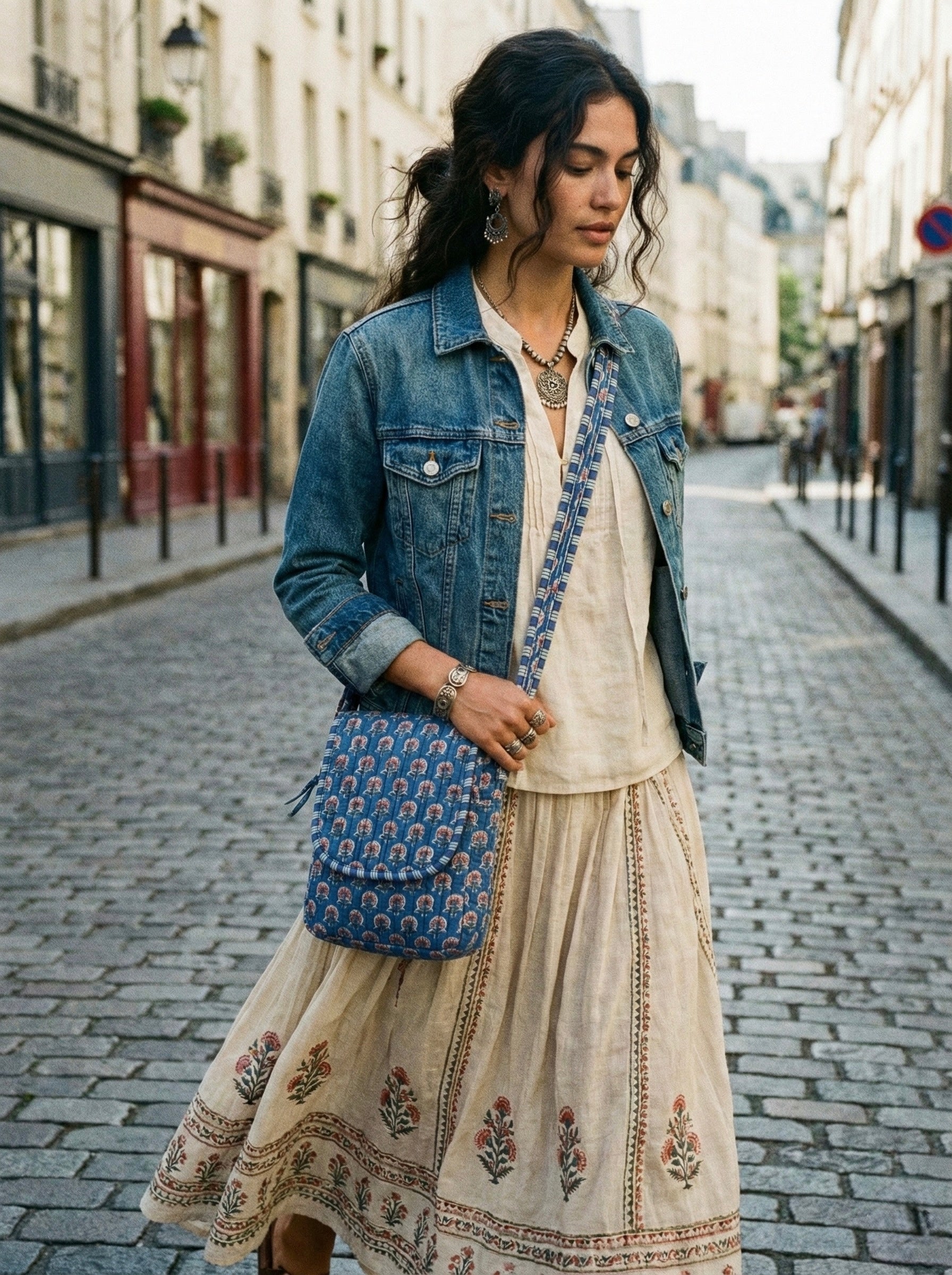 The Indigo Bloom Quilted Sling Bag