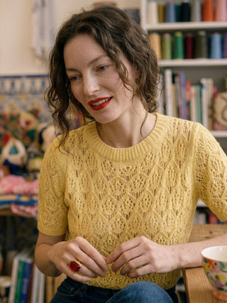 Italian Pointelle Knit Short-Sleeve Round Neck Sweater- Buttercup Yellow.