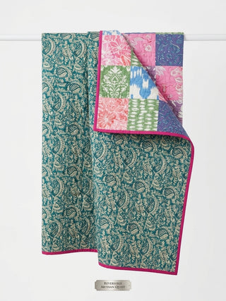 Artisan Reversible Queen Size Cotton Quilt – Midnight Paisley & Pastel Patchwork
