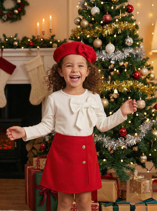 The "Bella Holiday" 3-Piece Bow & Beret Skirt Set for Kids