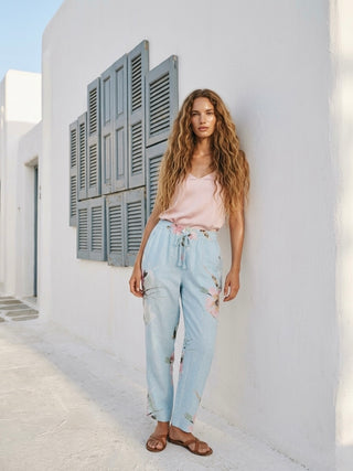 FLORAL PRINT ITALIAN LINEN PANTS- LIGHT BLUE