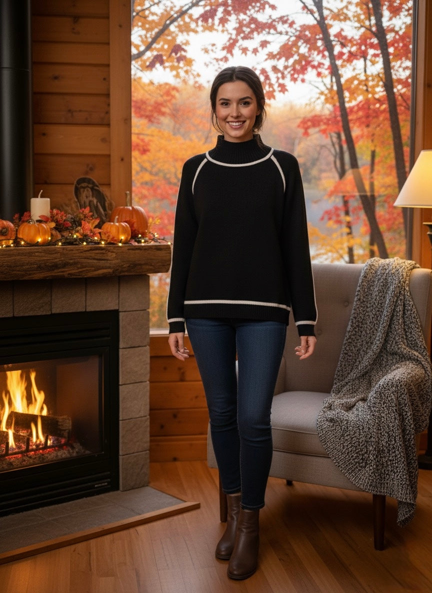 Contrast Piping Mock Neck Sweater