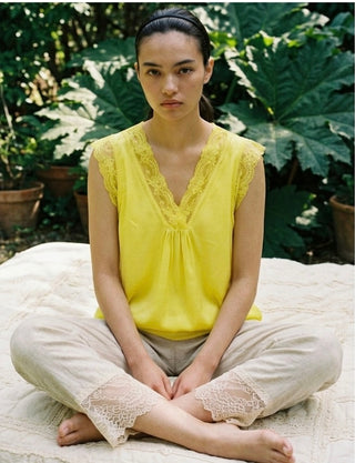 V neck Italian lace top- Lemon Yellow