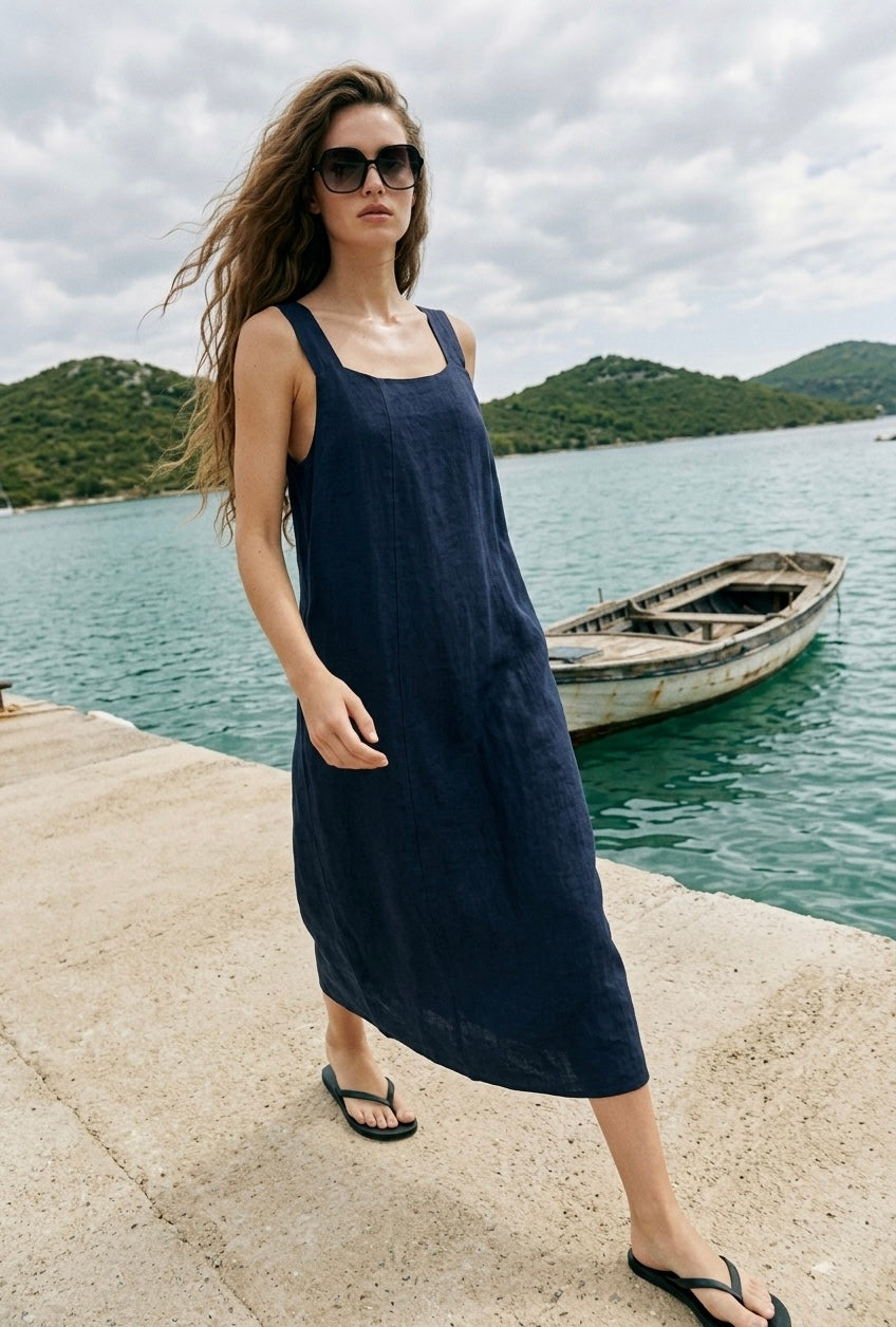 ITALIAN LINEN LONG DRESS- NAVY
