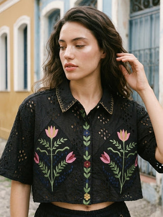 Floral Eyelet Embroidered Cropped Shirt- Artisanal Onyx Floral