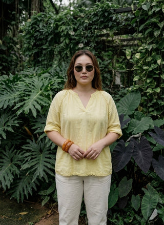 The Italian Linen Raglan Blouse- Custard