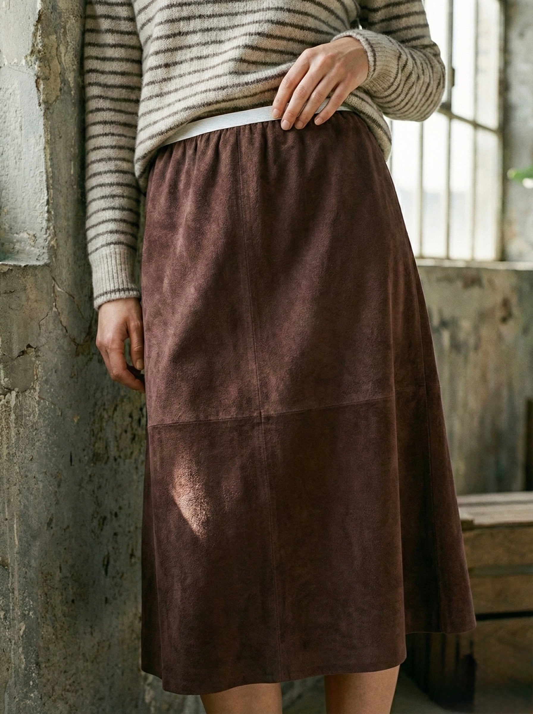 The Cognac Shimmer Waist Midi Skirt- Chocolate Brown