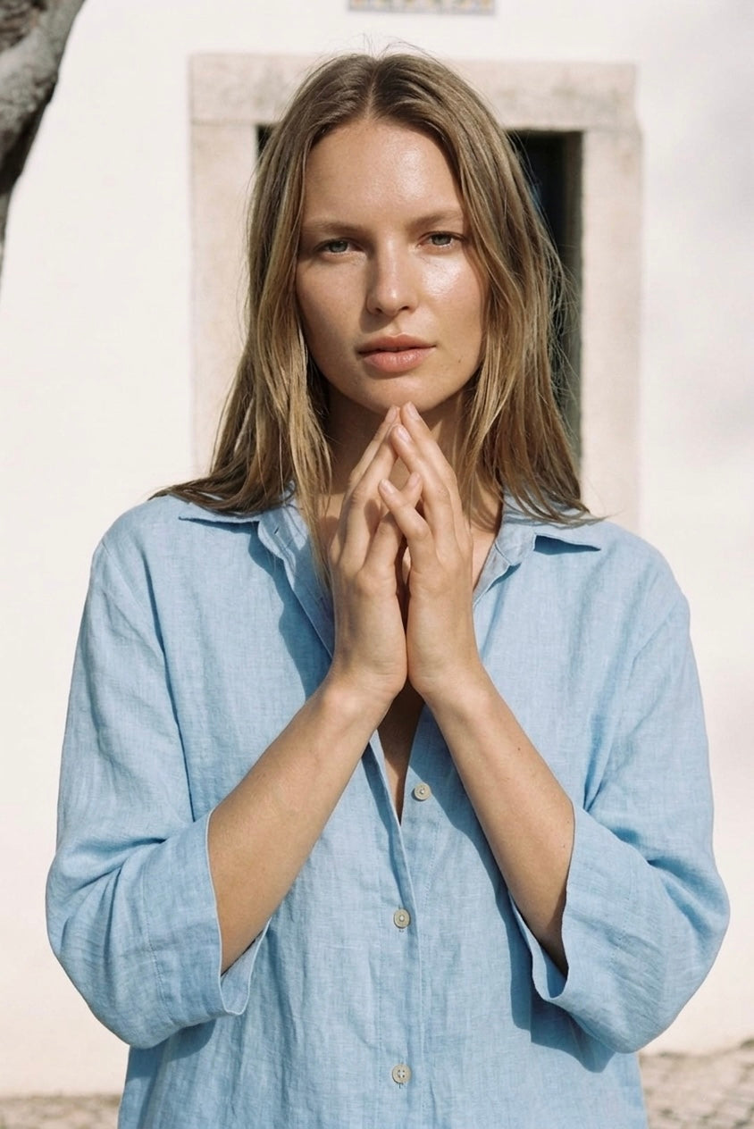 Oversized Button Down Linen Shirt- Dusty Azure